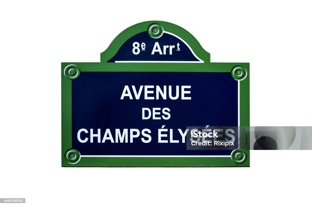 The Avenue des Champs Elysees street sign The Avenue des Champs Elysees street sign,  situated in the 8th arrondissement of Paris, France. One of the most famous streets in the world. Isolated on white background. Paris - France Stock Photo