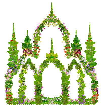 Green spring mosque concept  made from fresh spring flowers leaves and plants. Isolated handmade abstract collage