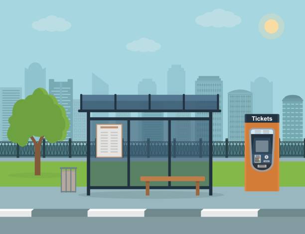 ilustrações, clipart, desenhos animados e ícones de ponto de ônibus na cidade de fundo. - arrival departure board illustrations