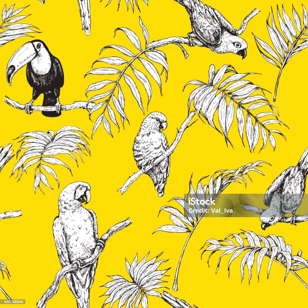 Seamless Pattern with Tropical Birds. Hand drawn seamless pattern with tropical birds and palm fronds on yellow background. Black and white images of parrots and toucan sitting on branches. Pattern stock vector