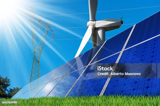 Solar Panels Wind Turbine Power Line Stock Photo - Download Image Now - Wind, Electricity Pylon, Solar Power Station