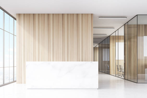 istock Office with glass and wooden walls, reception 645765090