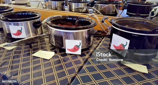 Crock Pots For Chili Cookoff Stock Photo - Download Image Now - Chili Con Carne, Cooking Competition, Crock Pot