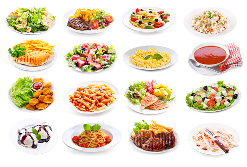 set of various plates of food isolated on white background