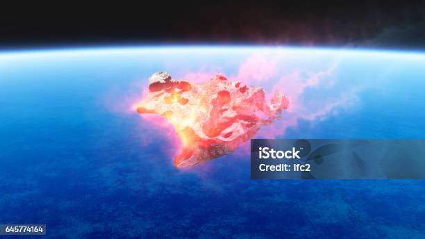 3d Render De La Quema De Rojo Fuego Meteorito Cayendo A La Tierra Foto de stock y más banco de imágenes de Ambiente