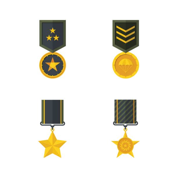 ilustraciones, imágenes clip art, dibujos animados e iconos de stock de medalla de valor militar. ilustración de vector. - medal star shape war award