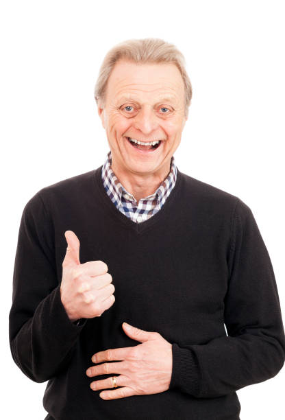 istock Happy laughing jolly old man thumbs up 645781602