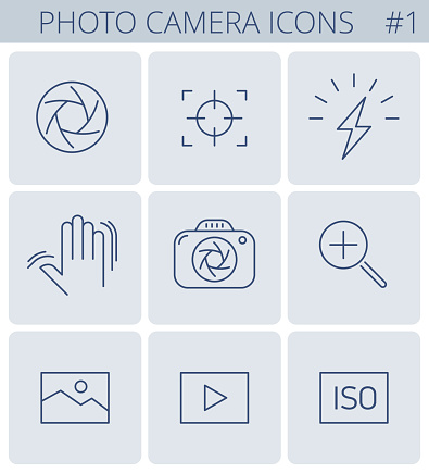 Digital photo camera outline icons: flash, sensitivity, iso, optical stabilizer, ois, optic zoom, object-glass, lens. Vector thin line symbol and pictogram set. Infographic elements for web, network.