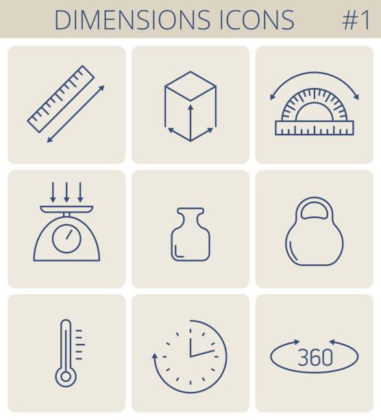 Untitled-1 Dimensions and measure outline icons: weight, height, width, depth, length, angle, time, temperature. Vector thin line measurement symbol set. Isolated infographic elements for web, social network. volume unit meter stock illustrations