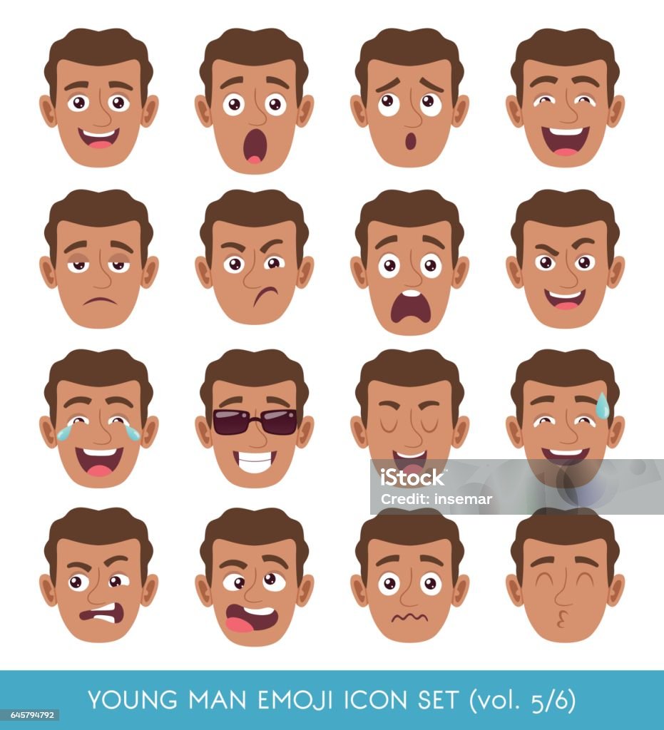 Junger Mann Emoji-Icon-set - Lizenzfrei Menschliches Gesicht Vektorgrafik