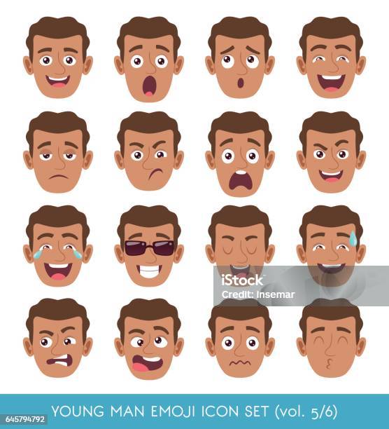 Junger Mann Emojiiconset Stock Vektor Art und mehr Bilder von Menschliches Gesicht - Menschliches Gesicht, Gesichtsausdruck, Angst