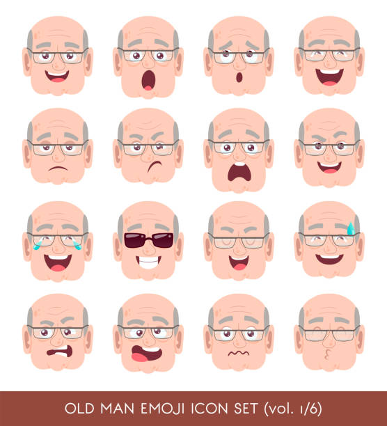 Old man emoji icon set Set of senior male facial emotions. White senior man emoji character with different expressions. Vector illustration in cartoon style. clip art of a old man crying stock illustrations