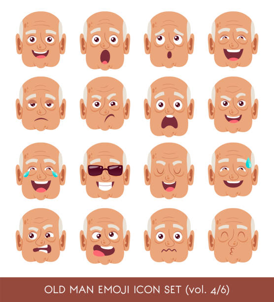 Old man emoji icon set Set of senior male facial emotions. Black senior man emoji character with different expressions. Vector illustration in cartoon style. clip art of a old man crying stock illustrations