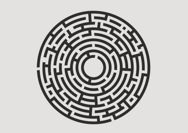Black labyrinth logo on white background Black labyrinth logo on white background circular maze stock illustrations