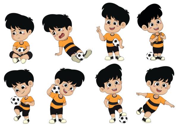 ilustraciones, imágenes clip art, dibujos animados e iconos de stock de de fútbol niño de historieta con diferentes creciente. - people young adult child football