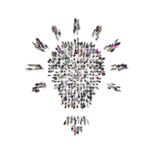 istock Aerial view of people that are grouping in light bulb shape. 3D Rendering 645802938