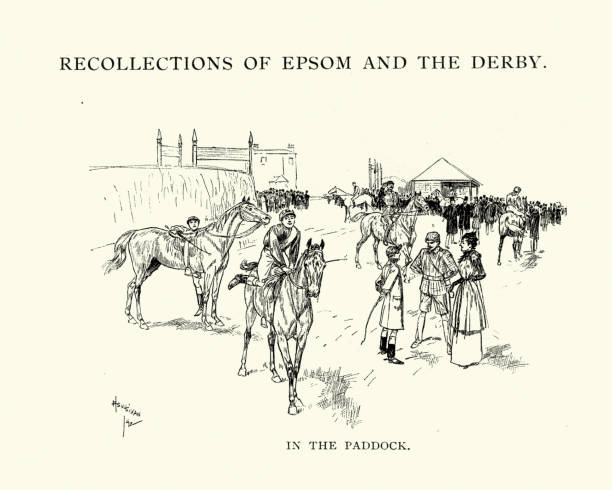 ilustraciones, imágenes clip art, dibujos animados e iconos de stock de epsom derby de caballos en el paddock, 1892 - paddock