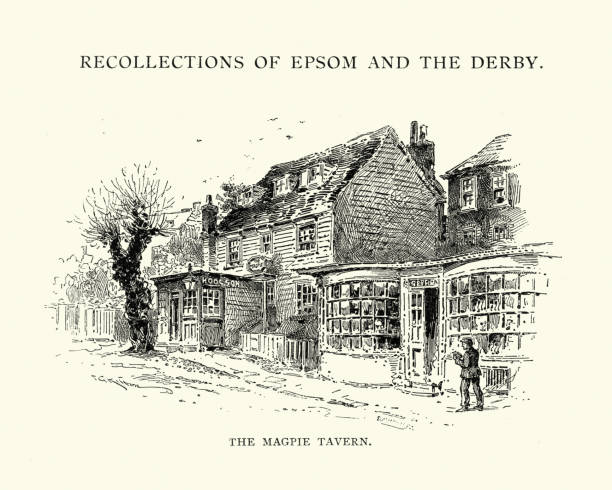 Old Magpie tavern, Epsom, 1892 Vintage engraving of Old Magpie tavern, Epsom, 1892 surrey hotel southeast england england stock illustrations