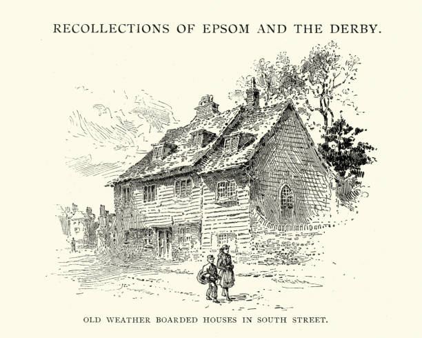 старая погода сели в дома на саут-стрит, эпсом, 1892 - surrey southeast england england cottage stock illustrations