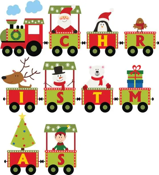 Vector illustration of Christmas train with characters