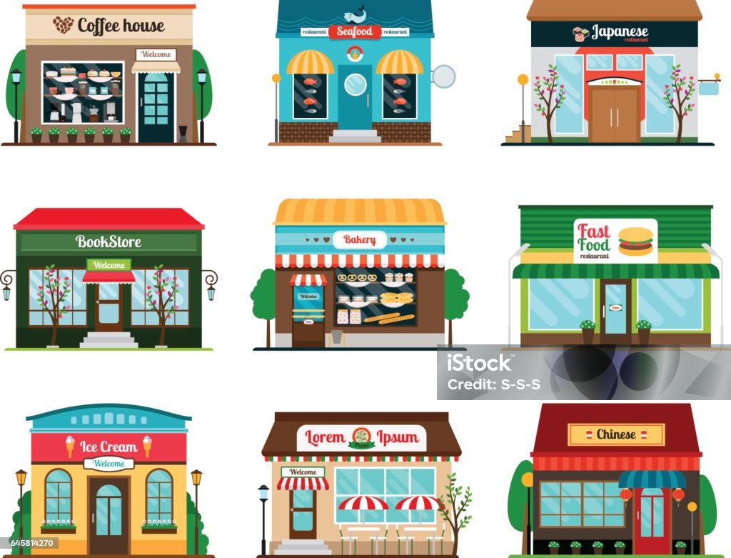 Iconos de colores tienda y café - arte vectorial de Restaurante libre de derechos