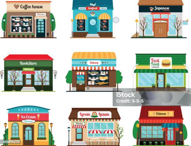 Ilustración de Iconos De Colores Tienda Y Café y más Vectores Libres de Derechos de Restaurante - Restaurante, Tienda - Lugar de comercio, Café - Edificio de hostelería