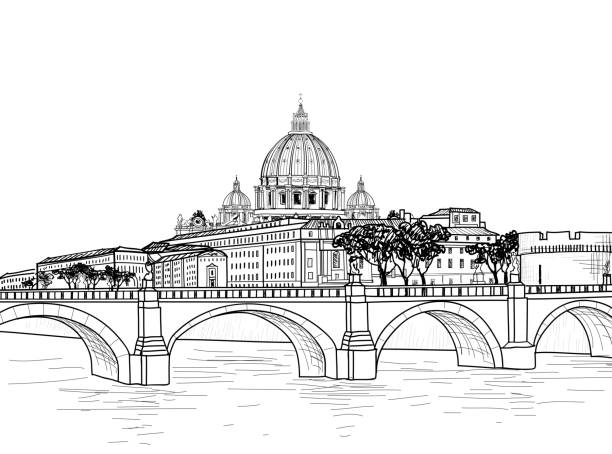 illustrations, cliparts, dessins animés et icônes de paysage de rome avec la basilique saint-pierre. emblématique de la ville italienne - cupola