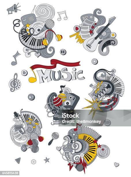 Cartoon Hand Drawn Doodles Music Illustration Colorful Detailed With Lots Of Objects Vector Background Stock Illustration - Download Image Now