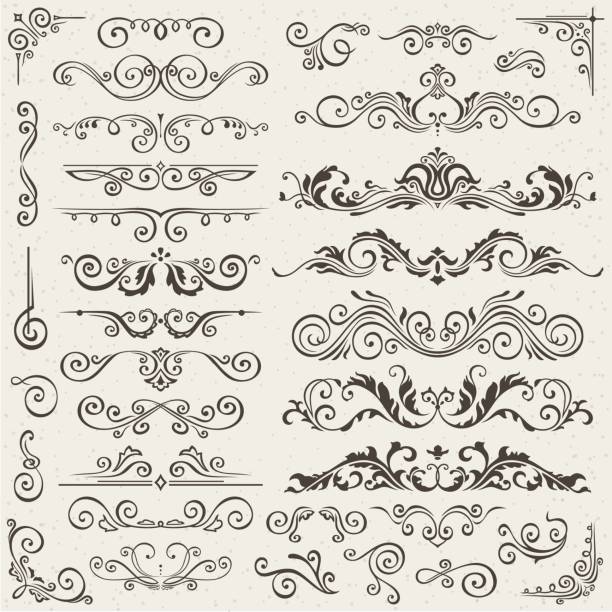 ilustrações, clipart, desenhos animados e ícones de floreio fronteira canto e coleção de elementos do quadro. vector cartão convite. victorian grunge caligráfico. convites de casamento definido. fronteiras do ornamento medieval. flor folha silhueta - scroll shape corner victorian style silhouette