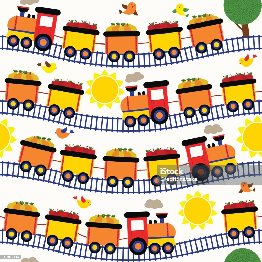 Seamless Pattern Train With Fruits Stock Illustration - Download Image Now  - Agriculture, Apple - Fruit, Backgrounds - iStock