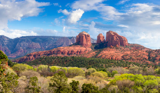Cathedral Rock near Sedona View to Cathedral Rock near Sedona with green bushes and trees in front and under a nicely clouded sky sedona photos stock pictures, royalty-free photos & images