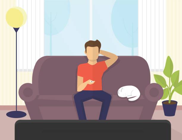 illustrations, cliparts, dessins animés et icônes de jeune homme assis à la maison sur le canapé devant la télé et boire de la bière - jeune homme