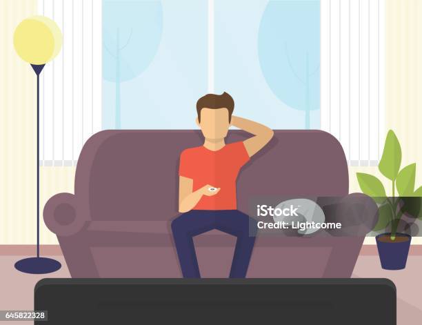 Young Man Sitting At Home On The Sofa Watching Tv And Drinking Beer Stock Illustration - Download Image Now