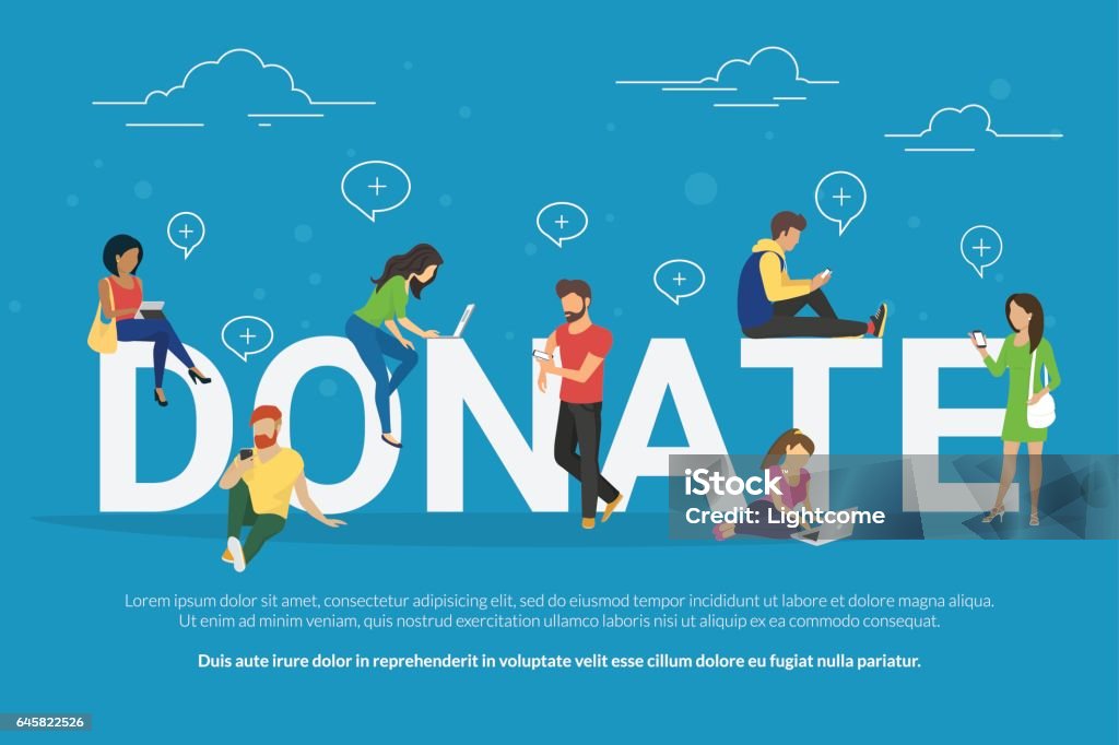 Charity donation funding concept illustration Charity donation funding concept illustration of young men and women using devices such as laptop, smartphone, tablets to donate money and goods. Flat people with gadgets sitting on the bid letters Charitable Donation stock vector