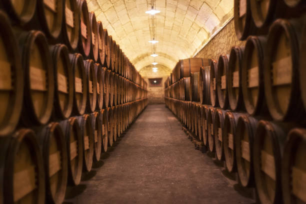 ワイナリー内のバレルの行 - ワイン貯蔵庫 写真 ストックフォトと画像