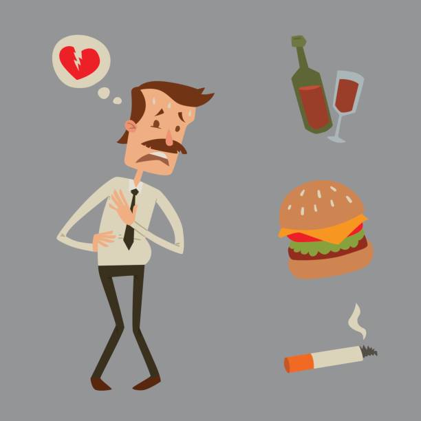 illustrazioni stock, clip art, cartoni animati e icone di tendenza di uomo d'affari rischio cardiaco uomo infarto stress infarto illustrazione vettoriale fumo bere alcol alcol dannoso depressione vertigini problemi di salute - pain heart attack heart shape healthcare and medicine