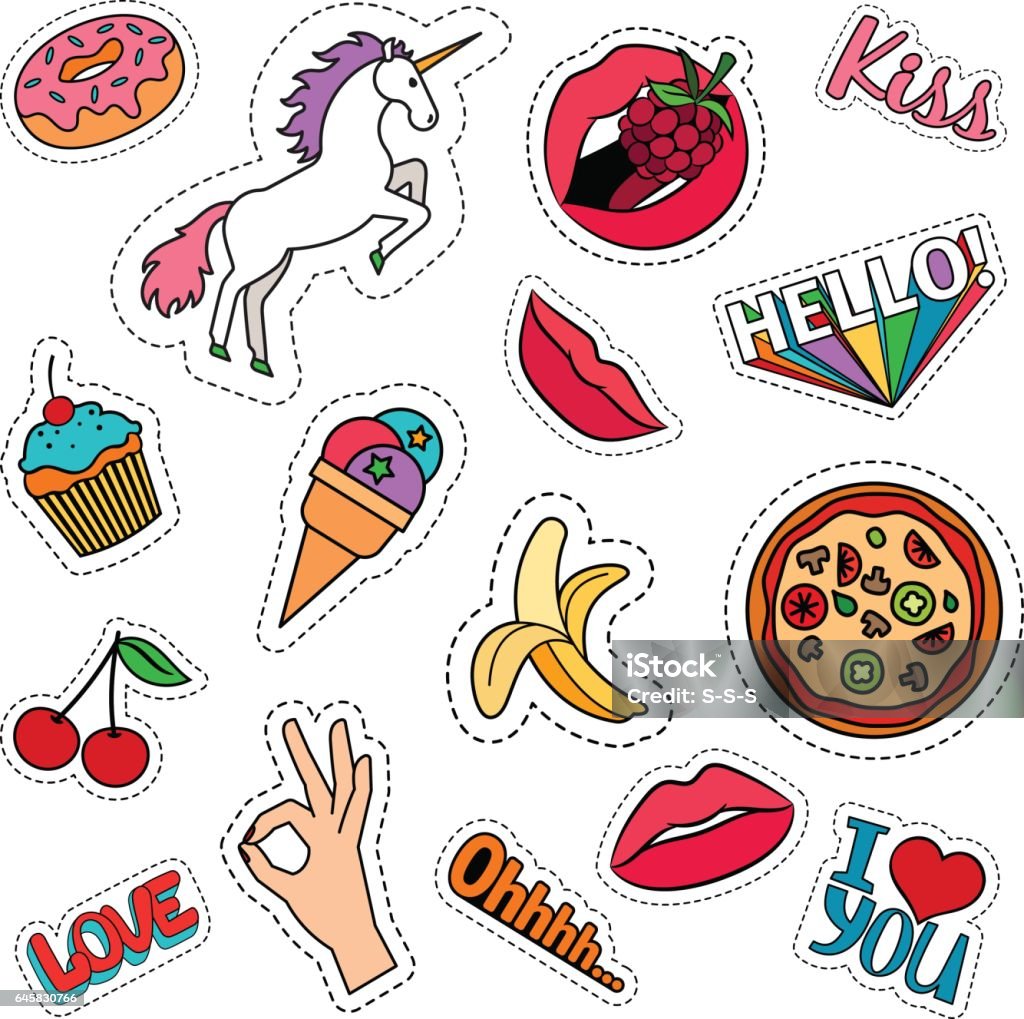 Funny food stickers set Funny quirky colorful food stickers set with pizza, cherry, ice cream and words. Vector patches and badges on white background Icon Symbol stock vector