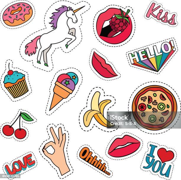 Funny Food Stickers Set Stock Illustration - Download Image Now - Icon Symbol, Pizza, 1980-1989