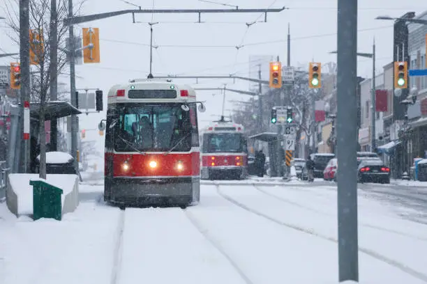 toronto streetcar running under snow on st clair street west