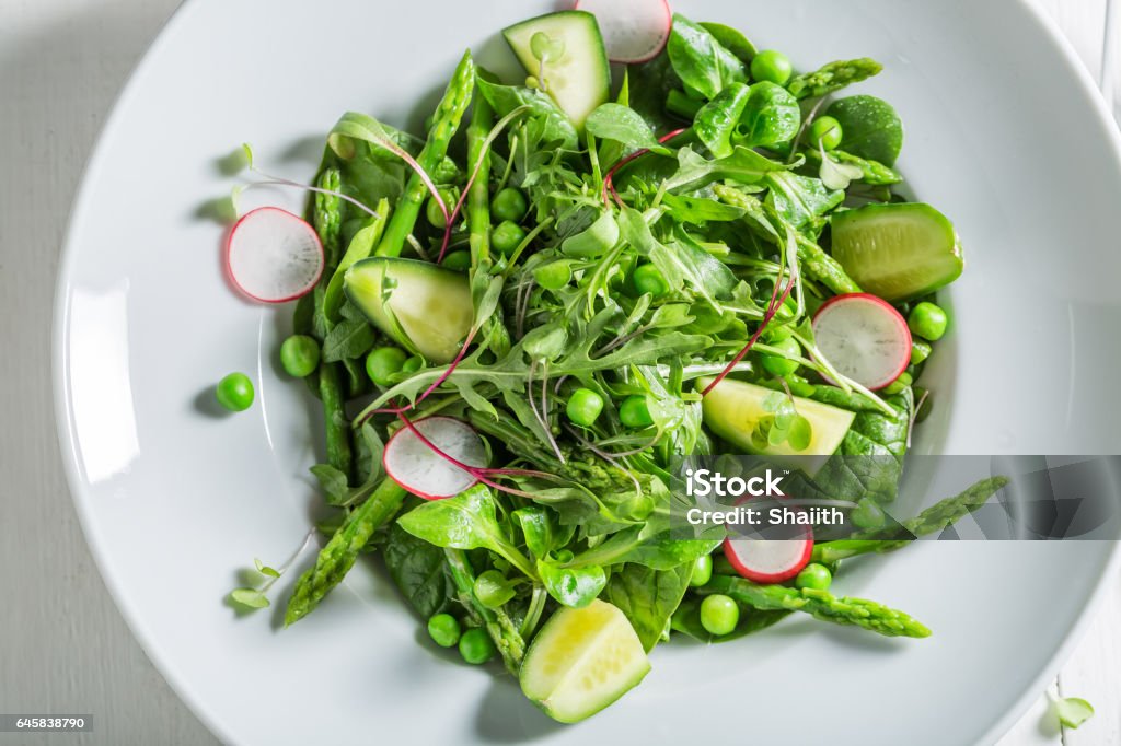 Healthy green salad with mix of vegetables Asparagus Stock Photo