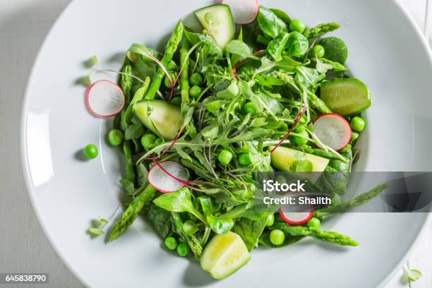 Healthy Green Salad With Mix Of Vegetables Stock Photo - Download Image Now - Asparagus, Green Pea, Radish