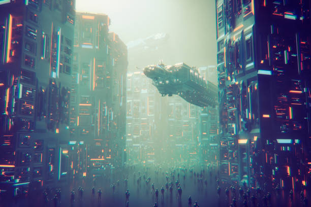 istock Futuristic foggy cityscape at night 645863854