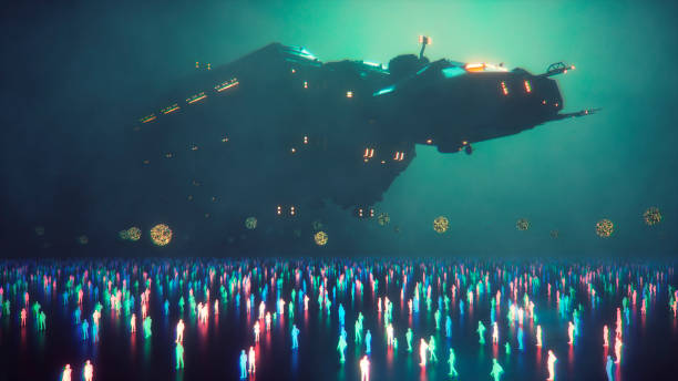istock Futuristic spaceship at foggy night 645863886