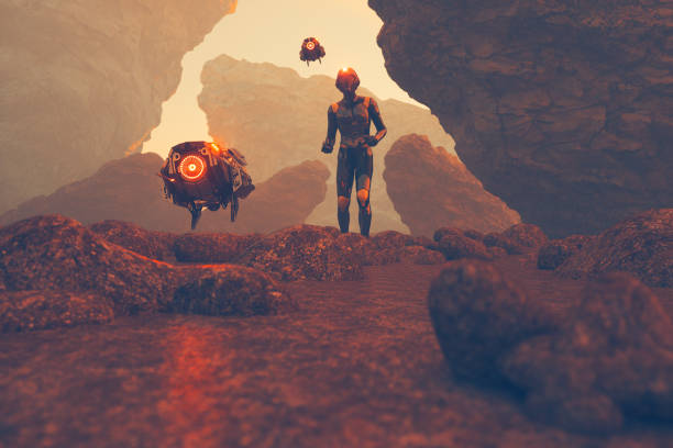 istock Cyborg with surveillance drones on alien rocky planet 645863912