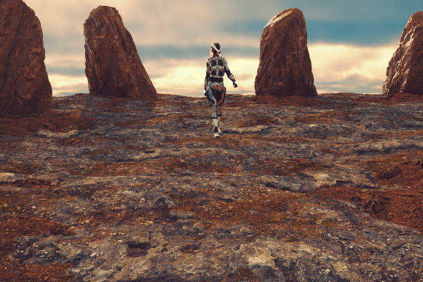 istock Cyborg walking on alien rocky planet 645864398