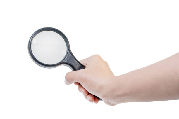 istock Hand holding magnifying glass isolated on white background 645872314