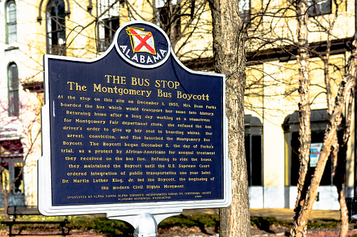 Historic marker for the Montgomery Bus Boycott in downtown Montgomery. The boycott marks the beginning of the modern Civil Rights Movement.