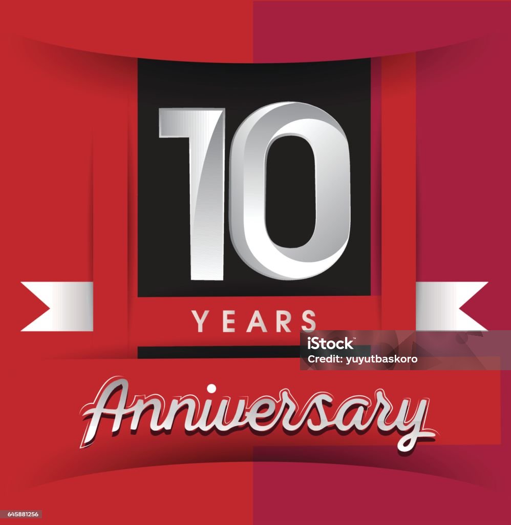 10 years anniversary logo with white ribbon isolated on red background 10 years anniversary logo with white ribbon isolated on red background, flat design style, Vector template elements for birthday celebration. Anniversary stock vector