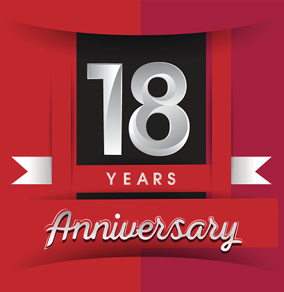 18 years anniversary logo with white ribbon isolated on red background, flat design style, Vector template elements for birthday celebration.