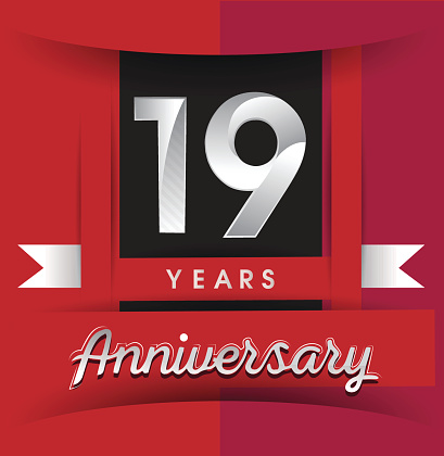 19 years anniversary logo with white ribbon isolated on red background, flat design style, Vector template elements for birthday celebration.